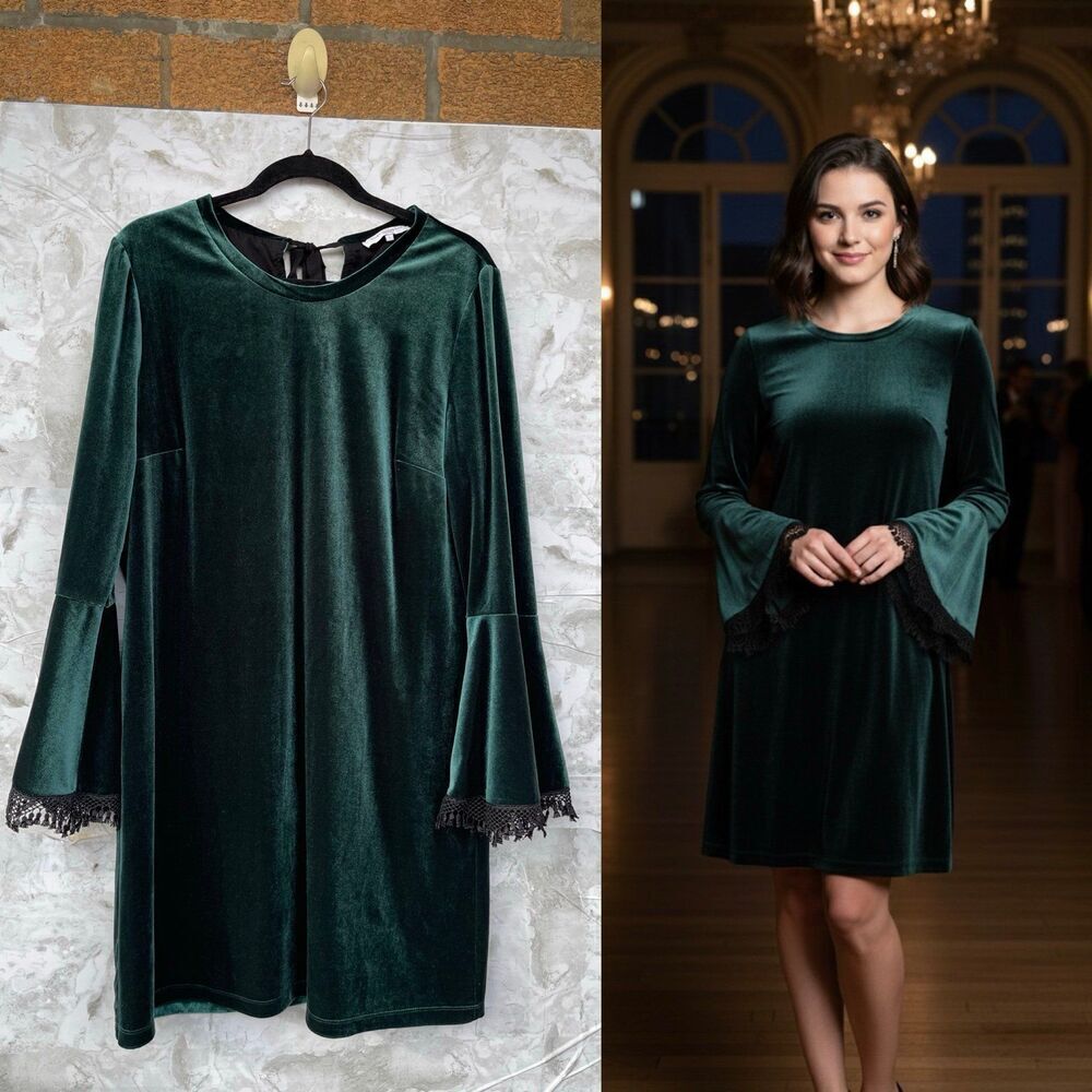 Kobi Halperin Hallie Bell Sleeve Velvet Shift Dress, green emerald size large
